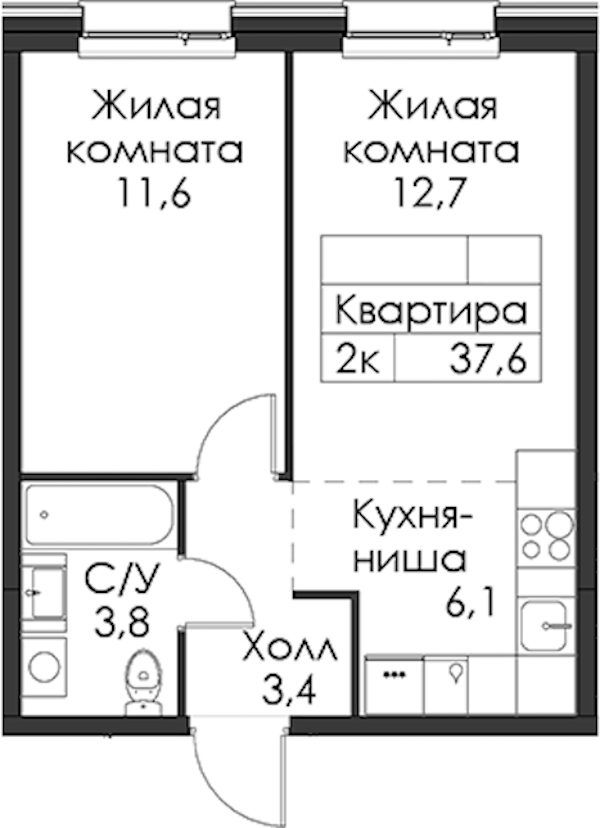 1-комнатная квартира 37.6 м², 3/8 эт., ЖК «Шкиперский 19»